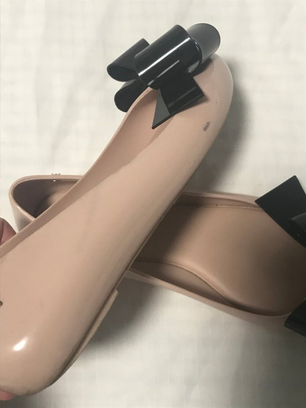 Melissa Beige Nude Jelly Rubber Ballerina Flats with Black Bow 6 - Picture 6 of 7